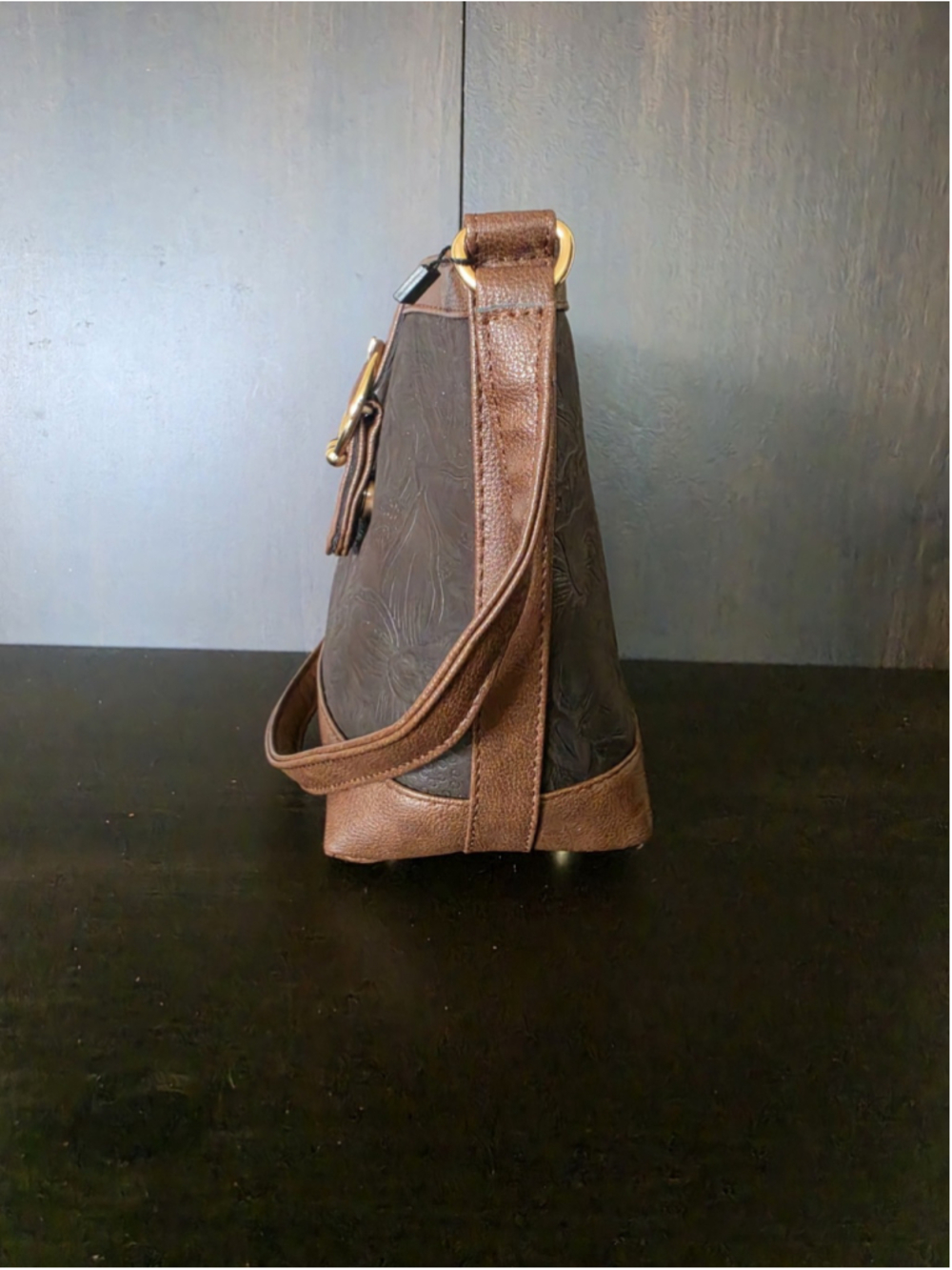 Buckle Dark Brown Floral Embossed Tooled Artisan LEATHER Shoulder Bucket Bag - Picture 6 of 16